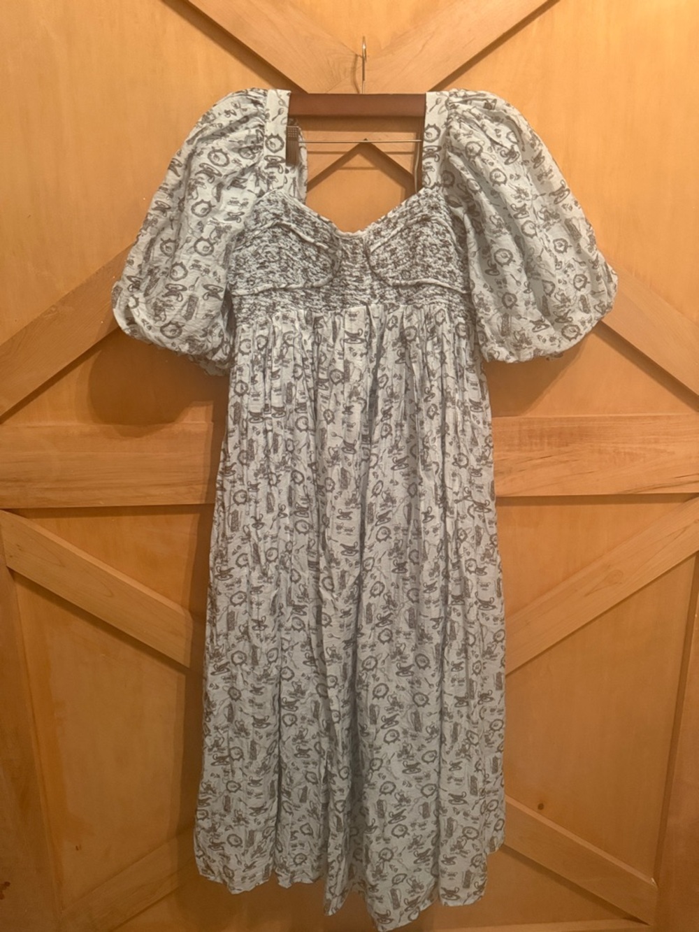 Puff Sleeve Smocked Midi Dress - Light blue Floral